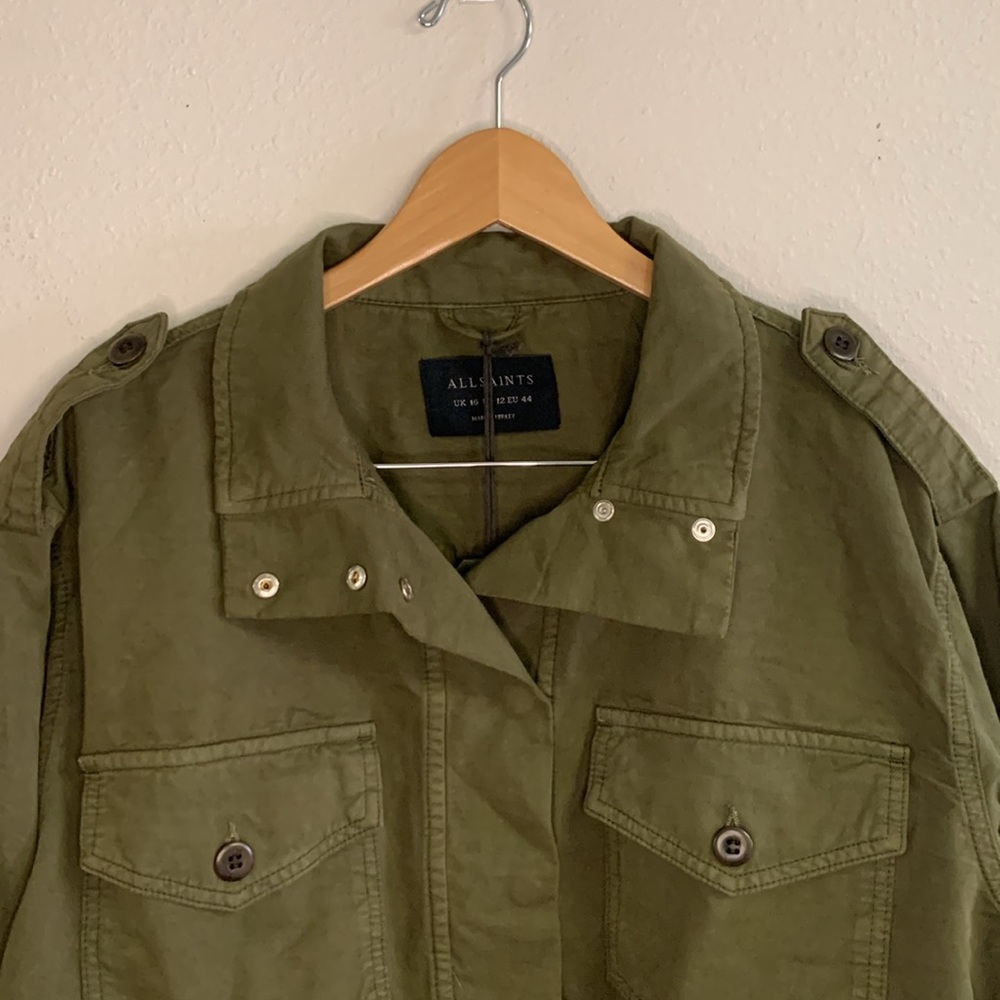 NWT All Saints Cadie Military Jacket in Khaki Green Cropped Linen Jacket Size 12 - Picture 3 of 8